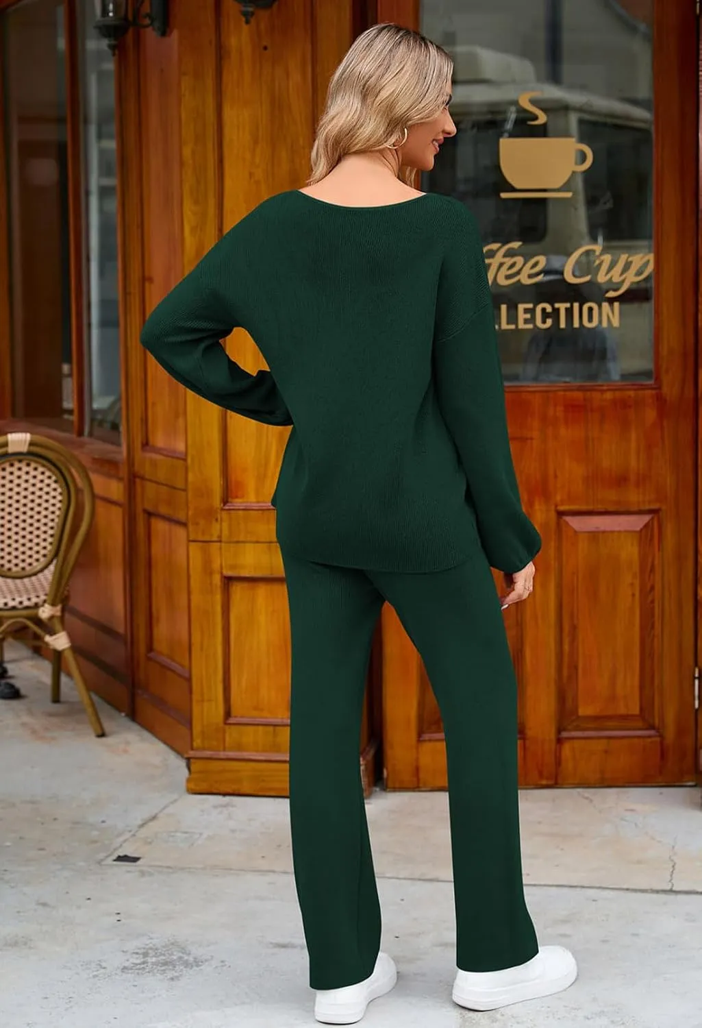 Viottiset Women's 2 Piece Outfits Casual V Neck Knit Wide Leg Sweater Lounge Set Sweatsuit