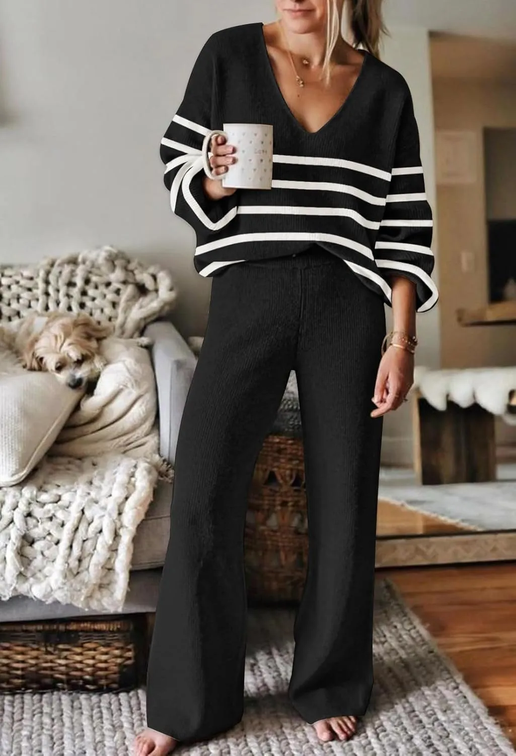 Viottiset Women's 2 Piece Outfits Casual V Neck Knit Wide Leg Sweater Lounge Set Sweatsuit