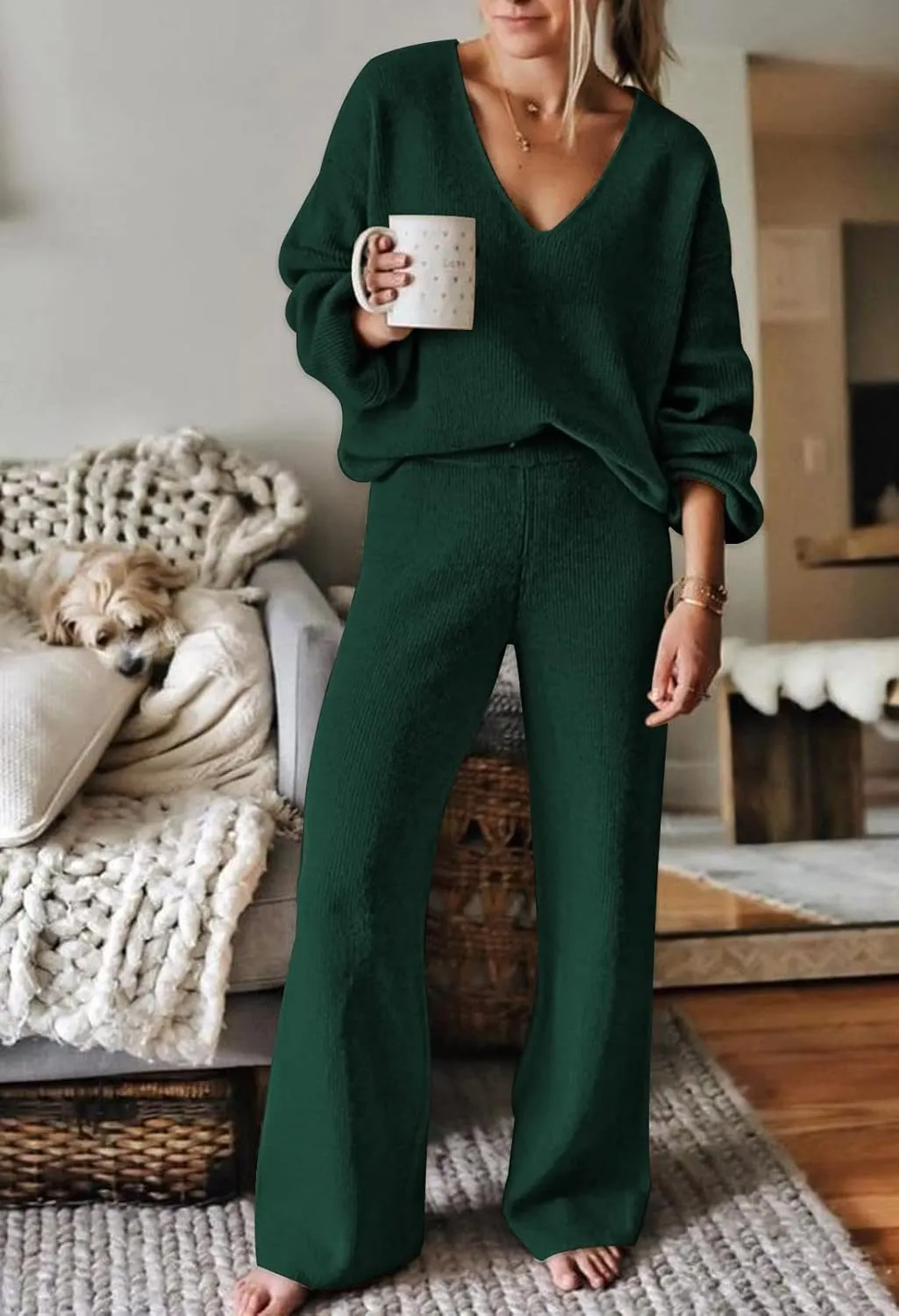 Viottiset Women's 2 Piece Outfits Casual V Neck Knit Wide Leg Sweater Lounge Set Sweatsuit