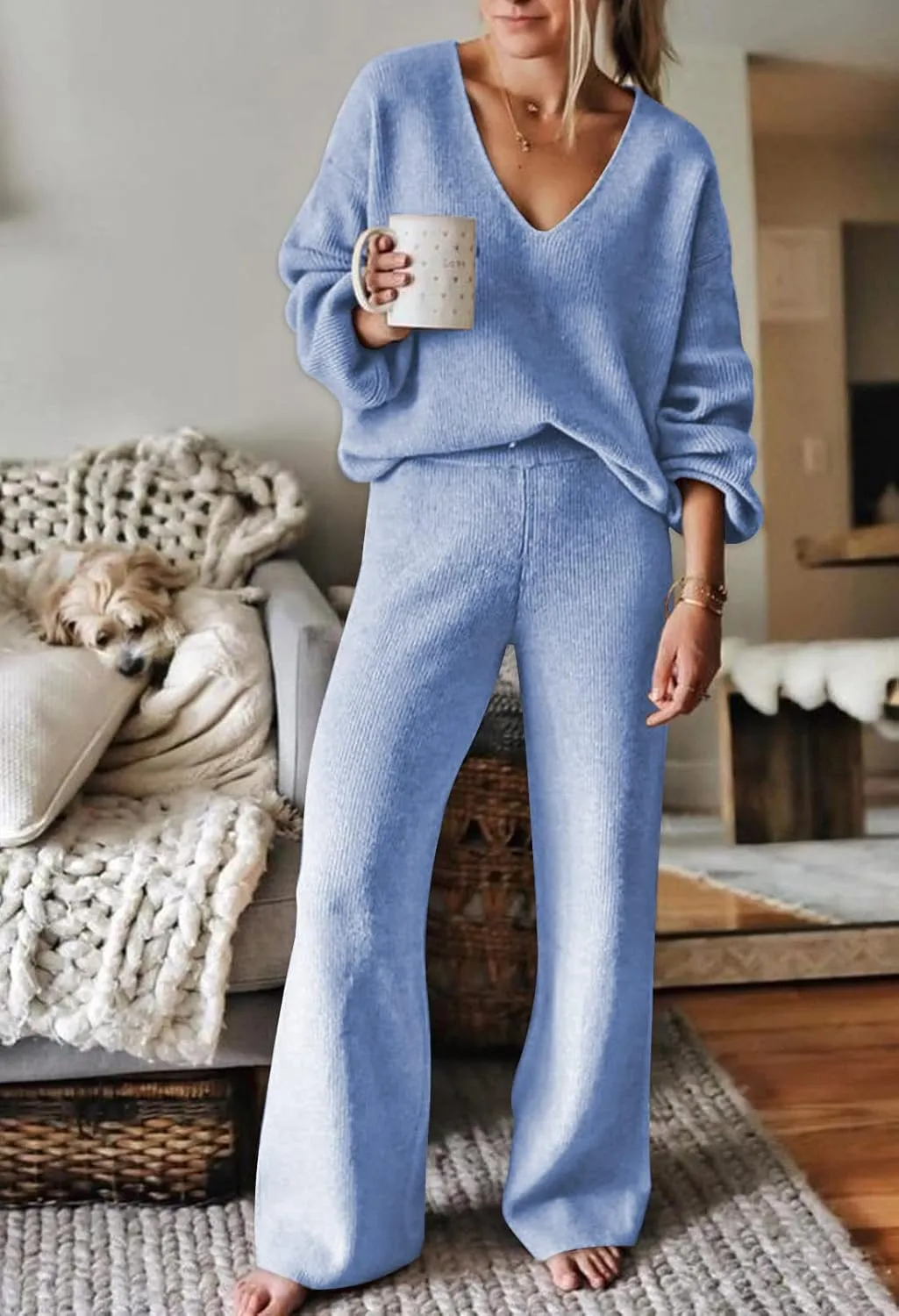 Viottiset Women's 2 Piece Outfits Casual V Neck Knit Wide Leg Sweater Lounge Set Sweatsuit