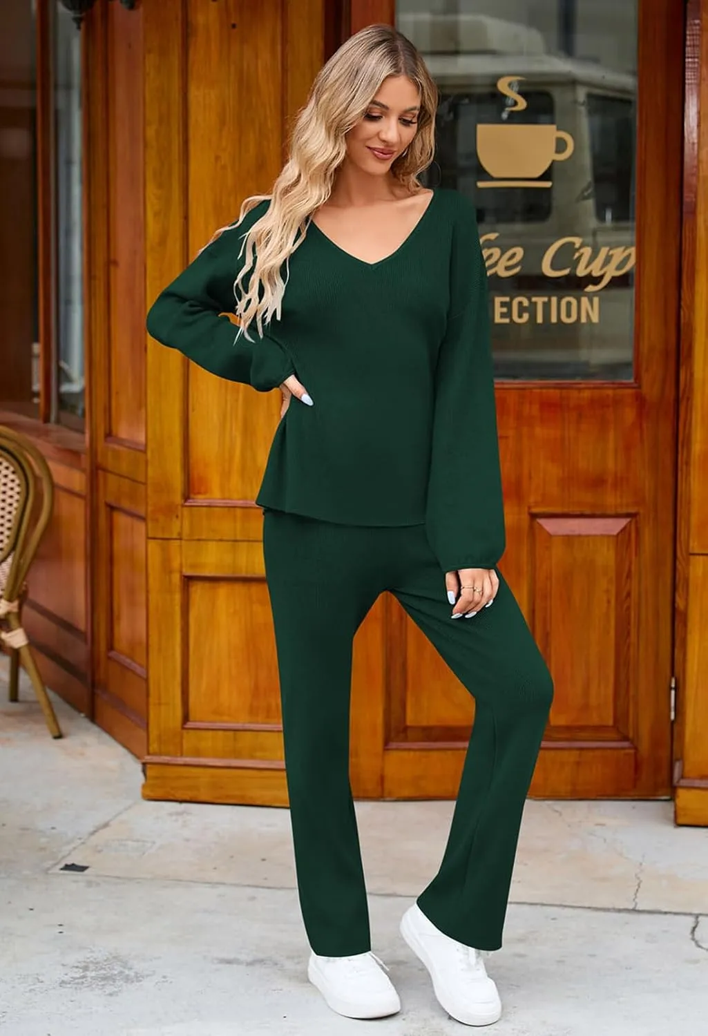 Viottiset Women's 2 Piece Outfits Casual V Neck Knit Wide Leg Sweater Lounge Set Sweatsuit