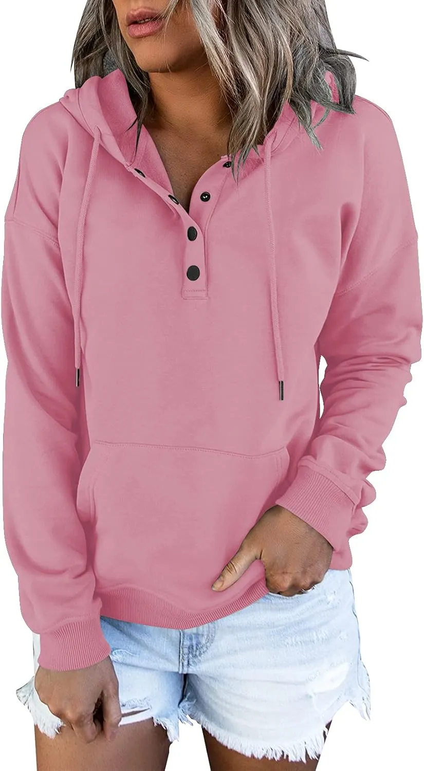 Vivitulip Women's Pullover Hoodies Tops Casual Button Down Long Sleeve Sweatshirts With Pocket