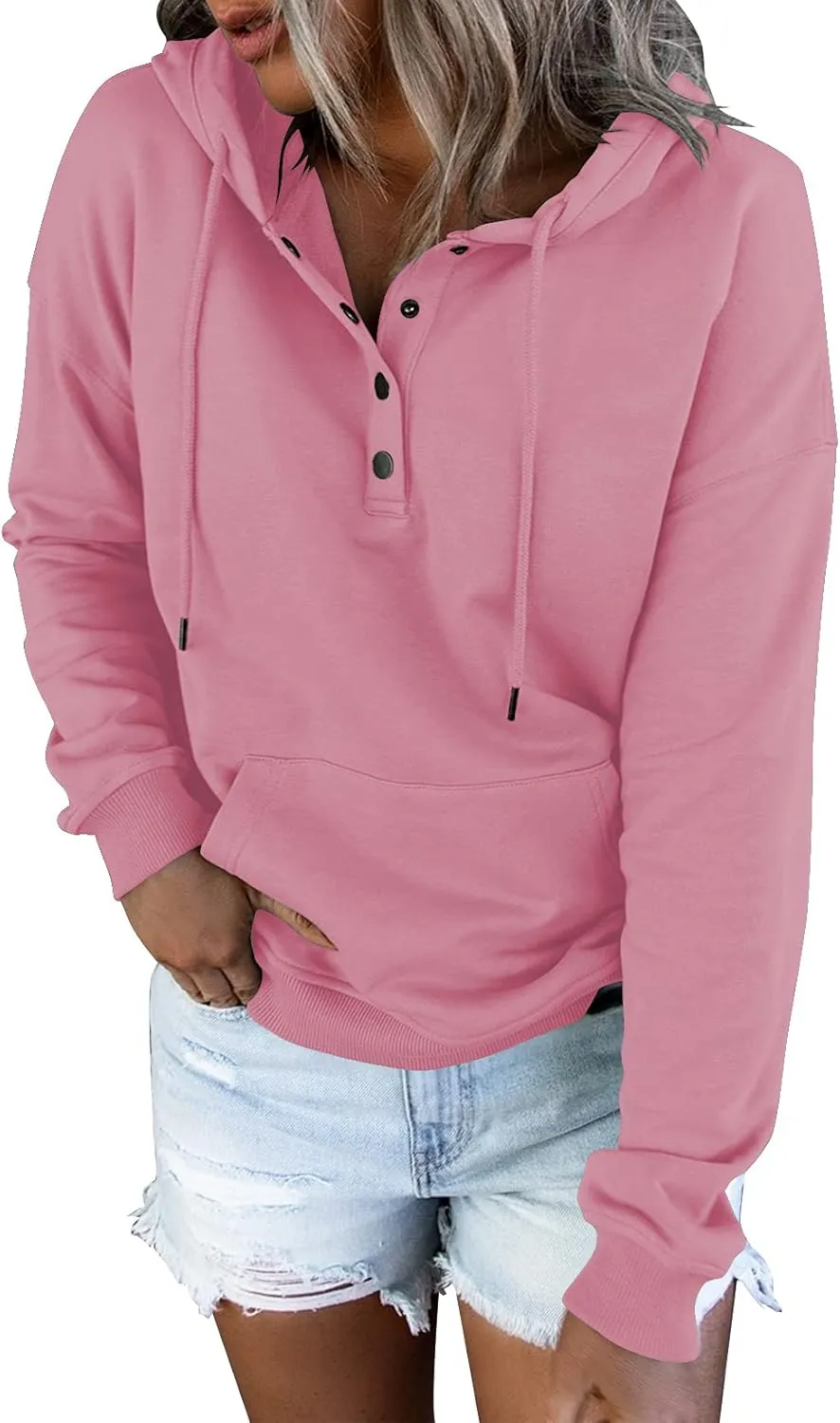 Vivitulip Women's Pullover Hoodies Tops Casual Button Down Long Sleeve Sweatshirts With Pocket