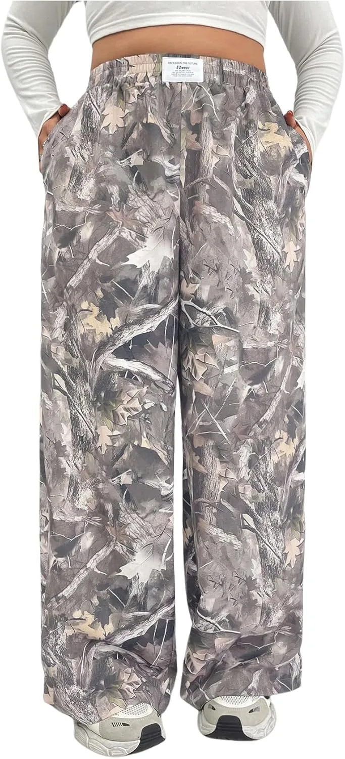 WDIRARA Women's Plus Size Camo Pants Elastic Waist Wide Leg Camouflage Loose Casual Trousers