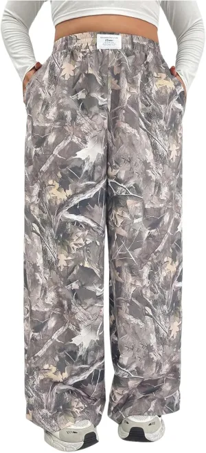 WDIRARA Women's Plus Size Camo Pants Elastic Waist Wide Leg Camouflage Loose Casual Trousers