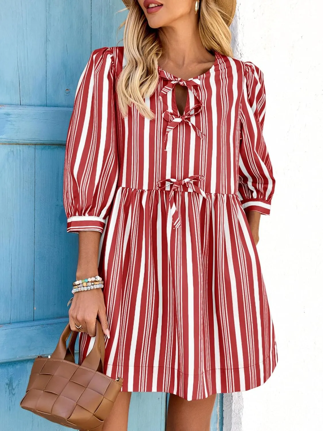 Wenrine Women's Puff Sleeve Mini Dress Summer Casual Bow Tie Crewneck Striped Loose Flowy Beach Dresses