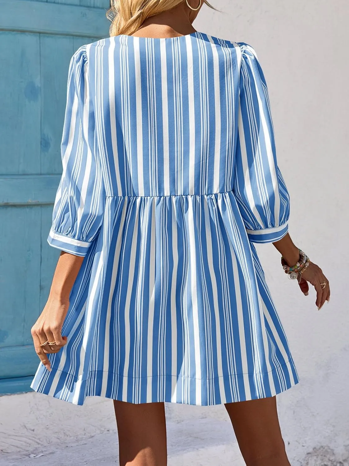Wenrine Women's Puff Sleeve Mini Dress Summer Casual Bow Tie Crewneck Striped Loose Flowy Beach Dresses