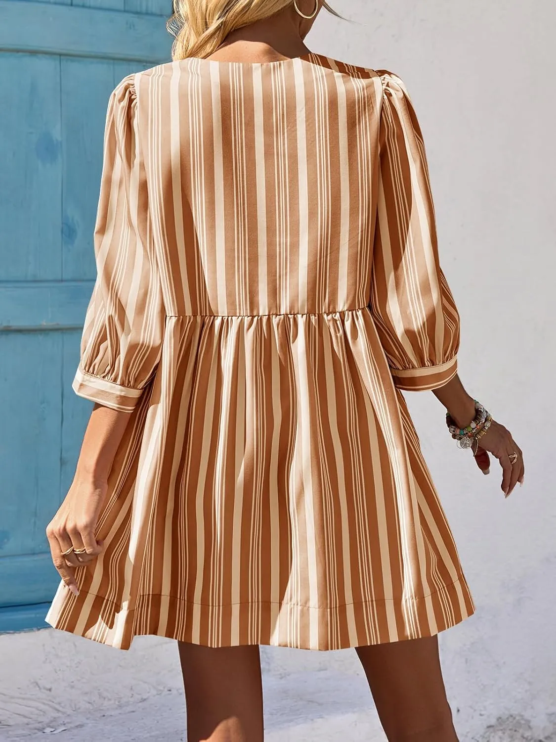 Wenrine Women's Puff Sleeve Mini Dress Summer Casual Bow Tie Crewneck Striped Loose Flowy Beach Dresses