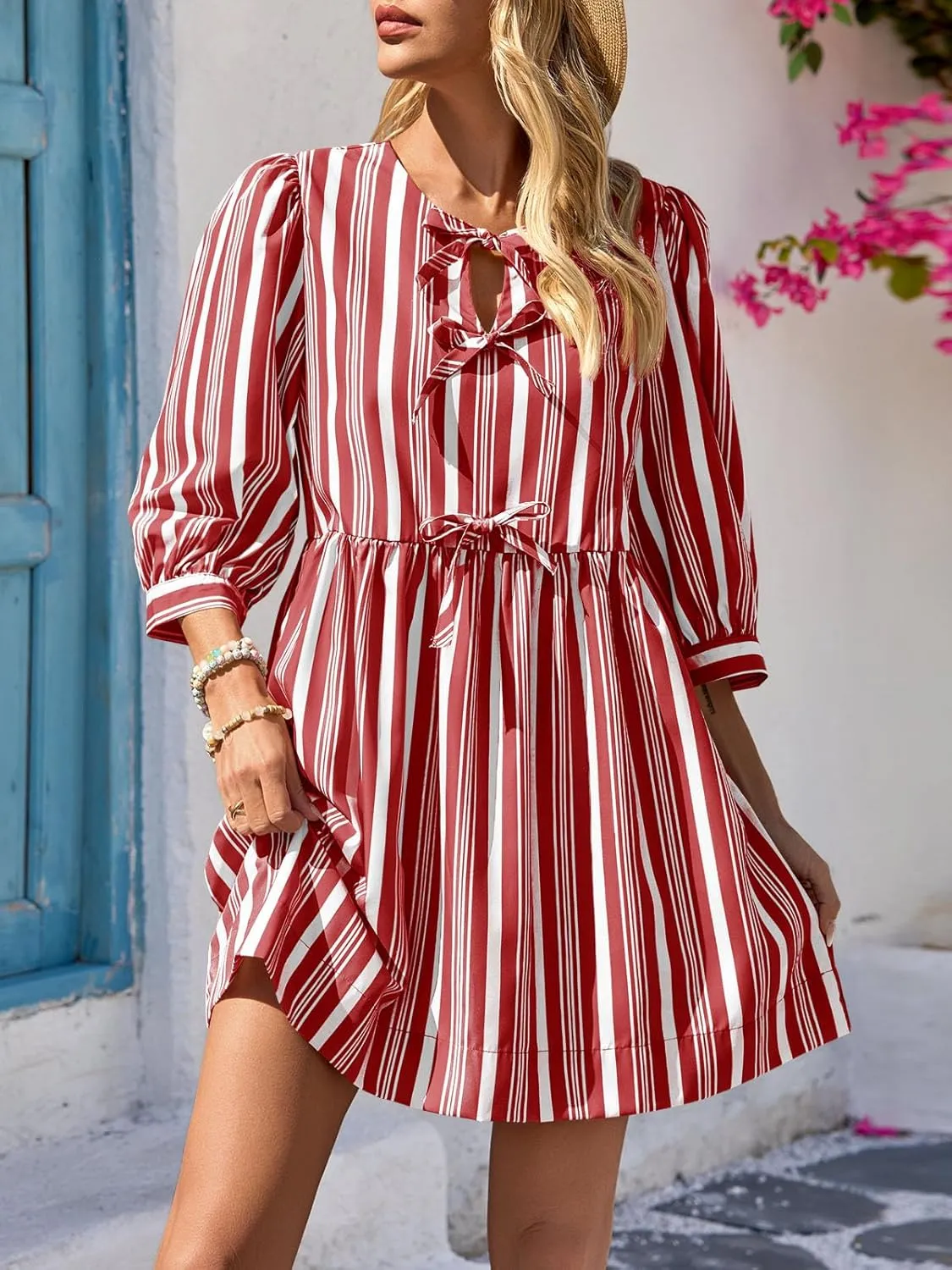Wenrine Women's Puff Sleeve Mini Dress Summer Casual Bow Tie Crewneck Striped Loose Flowy Beach Dresses