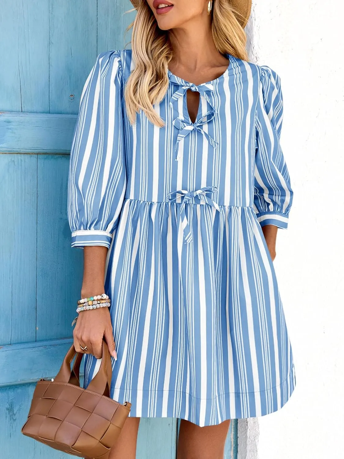 Wenrine Women's Puff Sleeve Mini Dress Summer Casual Bow Tie Crewneck Striped Loose Flowy Beach Dresses