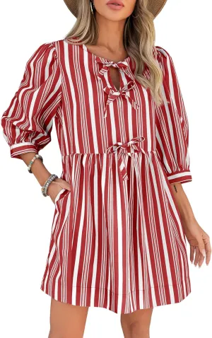 Wenrine Women's Puff Sleeve Mini Dress Summer Casual Bow Tie Crewneck Striped Loose Flowy Beach Dresses