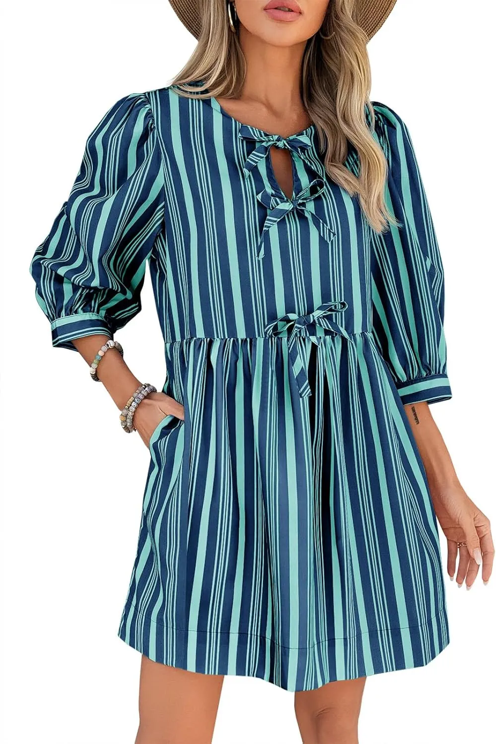 Wenrine Women's Puff Sleeve Mini Dress Summer Casual Bow Tie Crewneck Striped Loose Flowy Beach Dresses