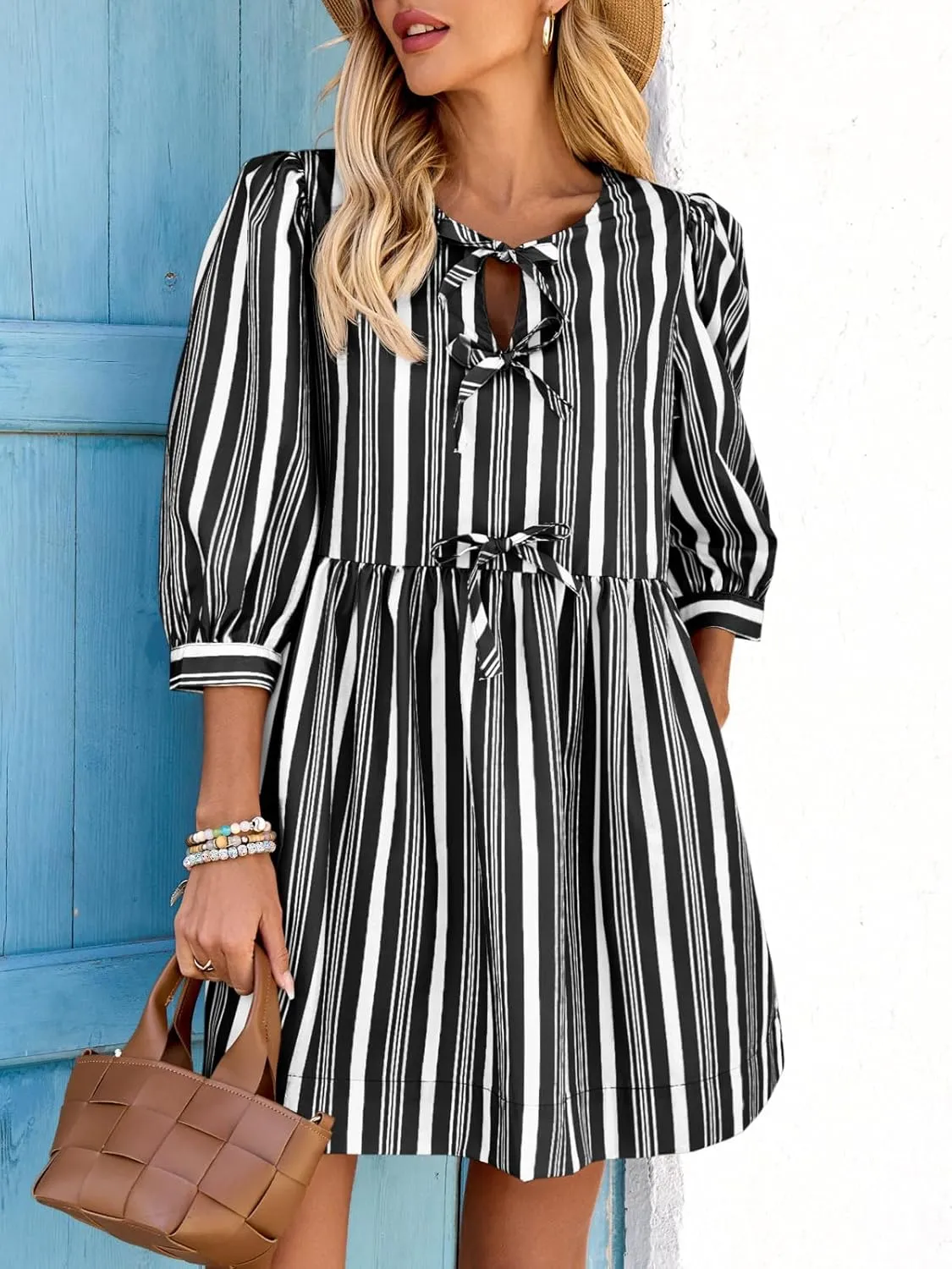 Wenrine Women's Puff Sleeve Mini Dress Summer Casual Bow Tie Crewneck Striped Loose Flowy Beach Dresses