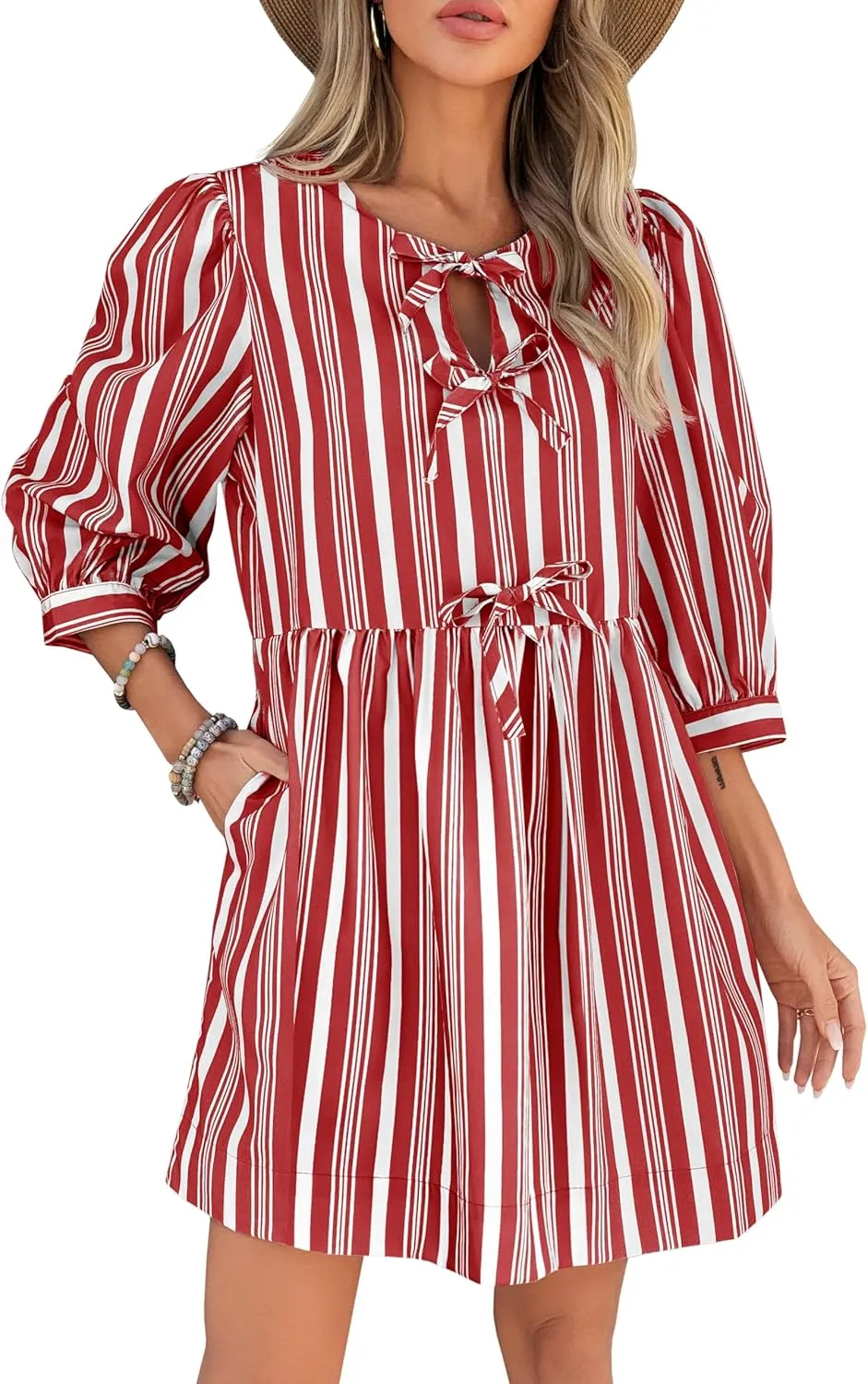 Wenrine Women's Puff Sleeve Mini Dress Summer Casual Bow Tie Crewneck Striped Loose Flowy Beach Dresses