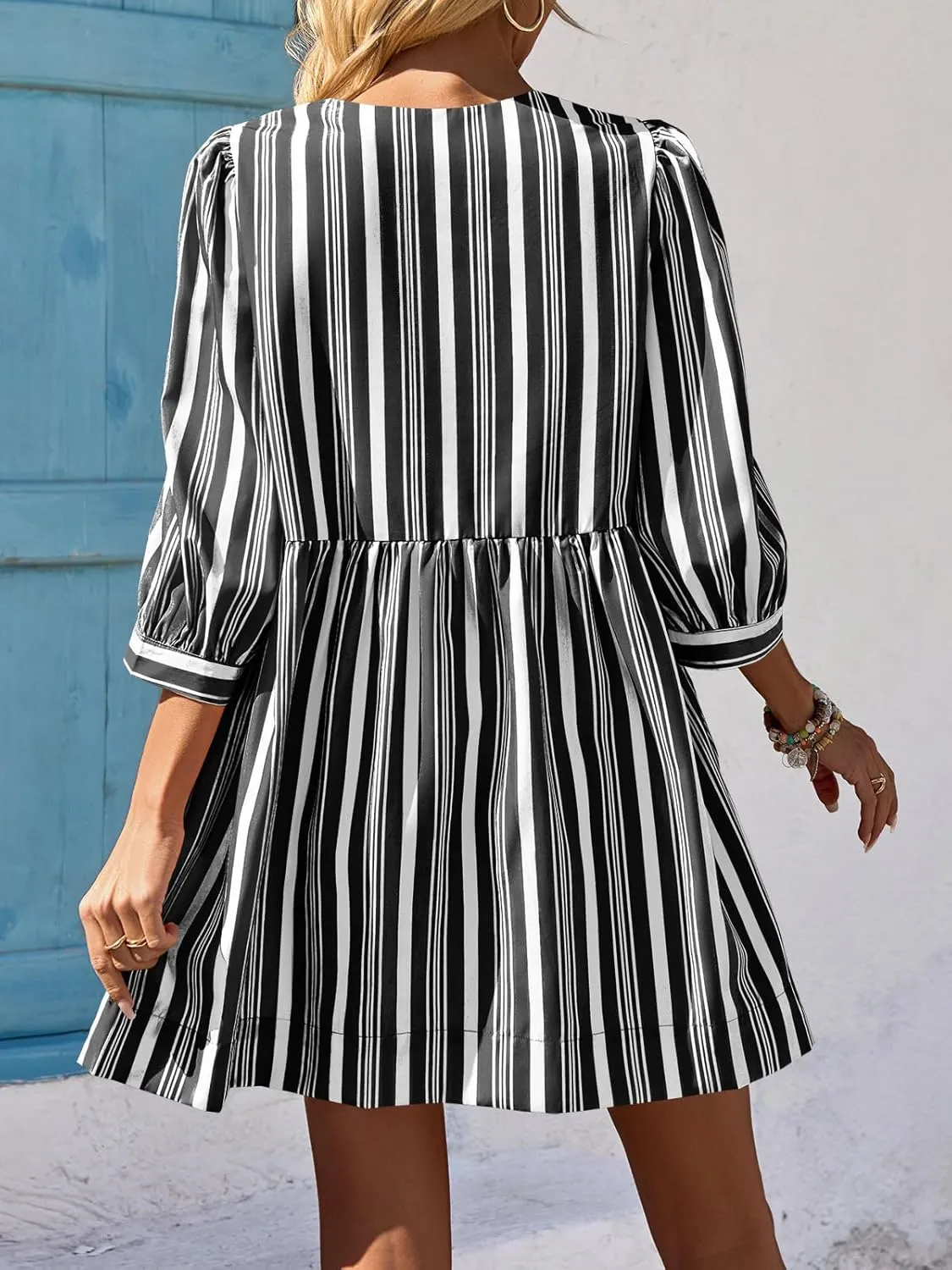 Wenrine Women's Puff Sleeve Mini Dress Summer Casual Bow Tie Crewneck Striped Loose Flowy Beach Dresses