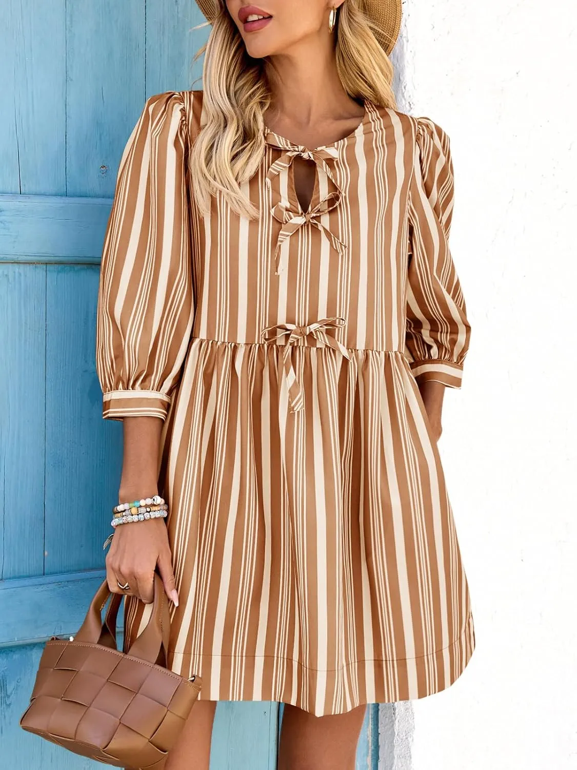 Wenrine Women's Puff Sleeve Mini Dress Summer Casual Bow Tie Crewneck Striped Loose Flowy Beach Dresses