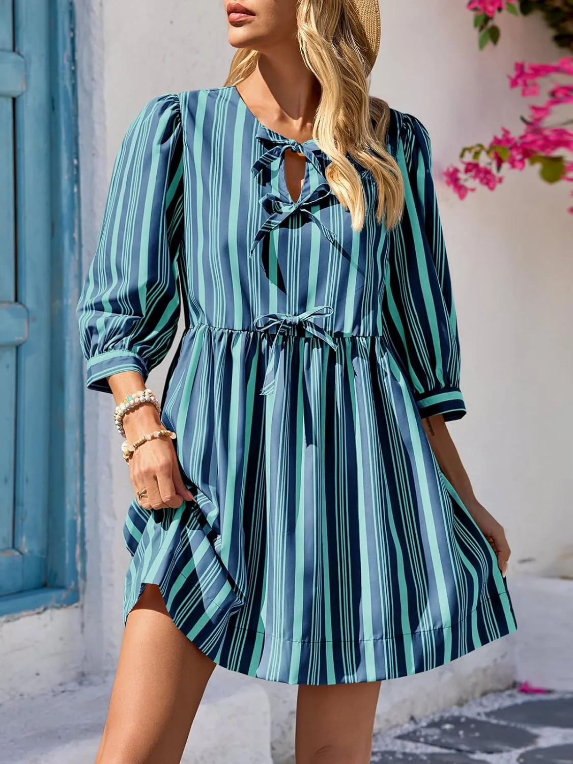 Wenrine Women's Puff Sleeve Mini Dress Summer Casual Bow Tie Crewneck Striped Loose Flowy Beach Dresses