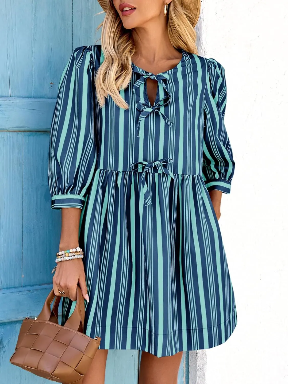 Wenrine Women's Puff Sleeve Mini Dress Summer Casual Bow Tie Crewneck Striped Loose Flowy Beach Dresses