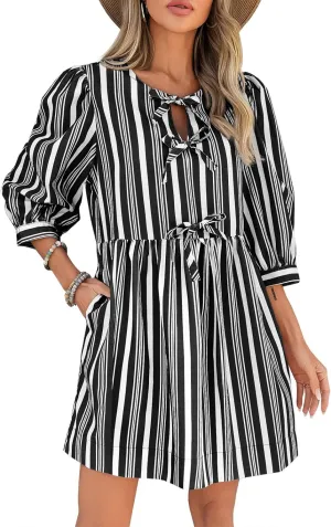 Wenrine Women's Puff Sleeve Mini Dress Summer Casual Bow Tie Crewneck Striped Loose Flowy Beach Dresses