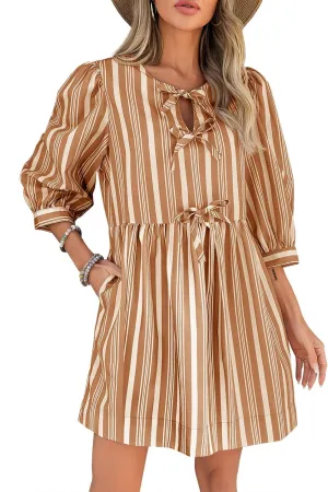 Wenrine Women's Puff Sleeve Mini Dress Summer Casual Bow Tie Crewneck Striped Loose Flowy Beach Dresses