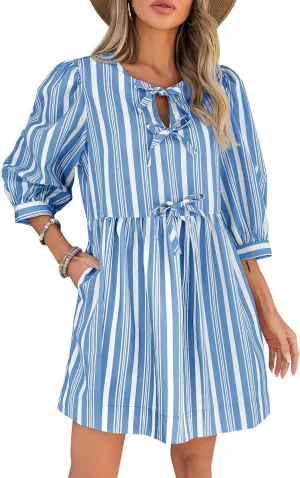 Wenrine Women's Puff Sleeve Mini Dress Summer Casual Bow Tie Crewneck Striped Loose Flowy Beach Dresses