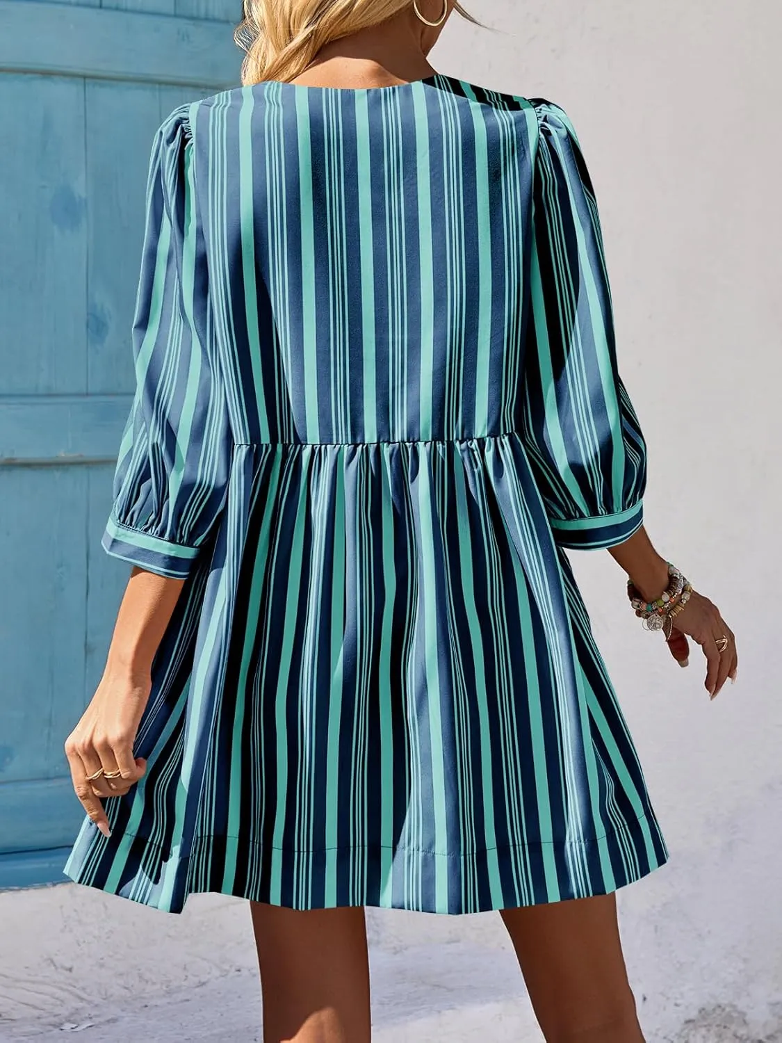 Wenrine Women's Puff Sleeve Mini Dress Summer Casual Bow Tie Crewneck Striped Loose Flowy Beach Dresses