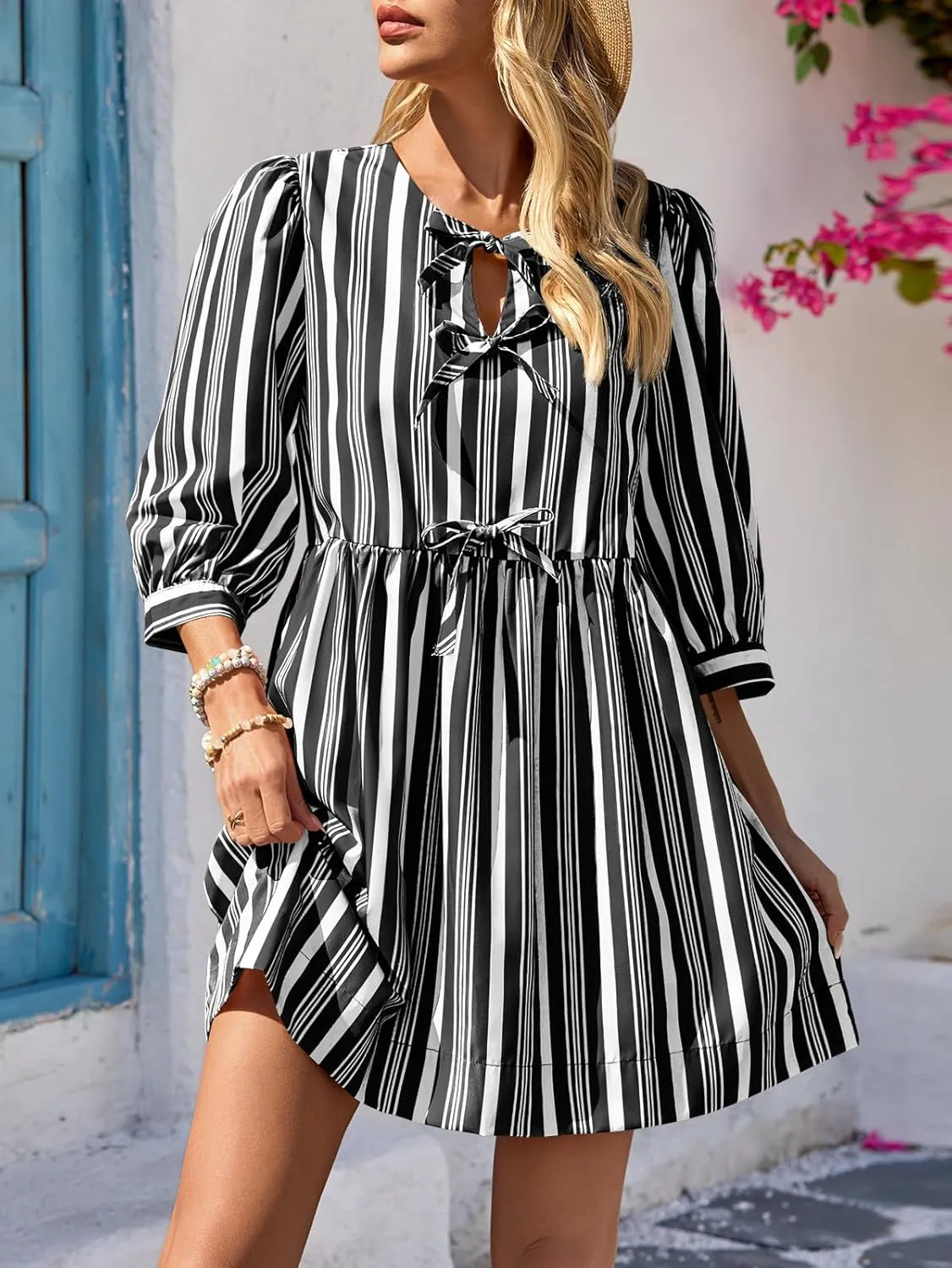 Wenrine Women's Puff Sleeve Mini Dress Summer Casual Bow Tie Crewneck Striped Loose Flowy Beach Dresses