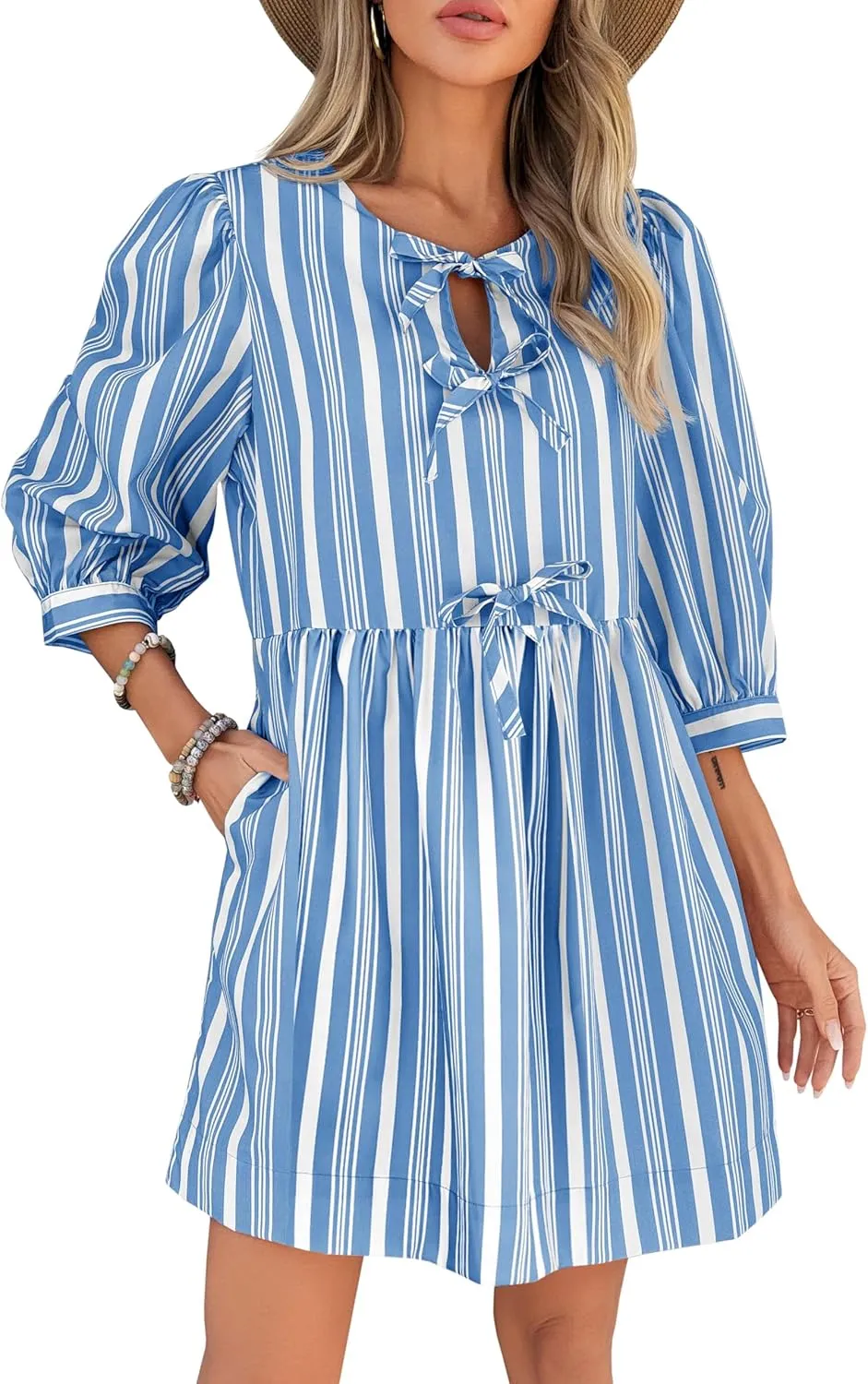 Wenrine Women's Puff Sleeve Mini Dress Summer Casual Bow Tie Crewneck Striped Loose Flowy Beach Dresses
