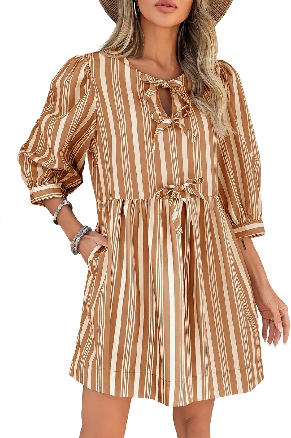 Wenrine Women's Puff Sleeve Mini Dress Summer Casual Bow Tie Crewneck Striped Loose Flowy Beach Dresses