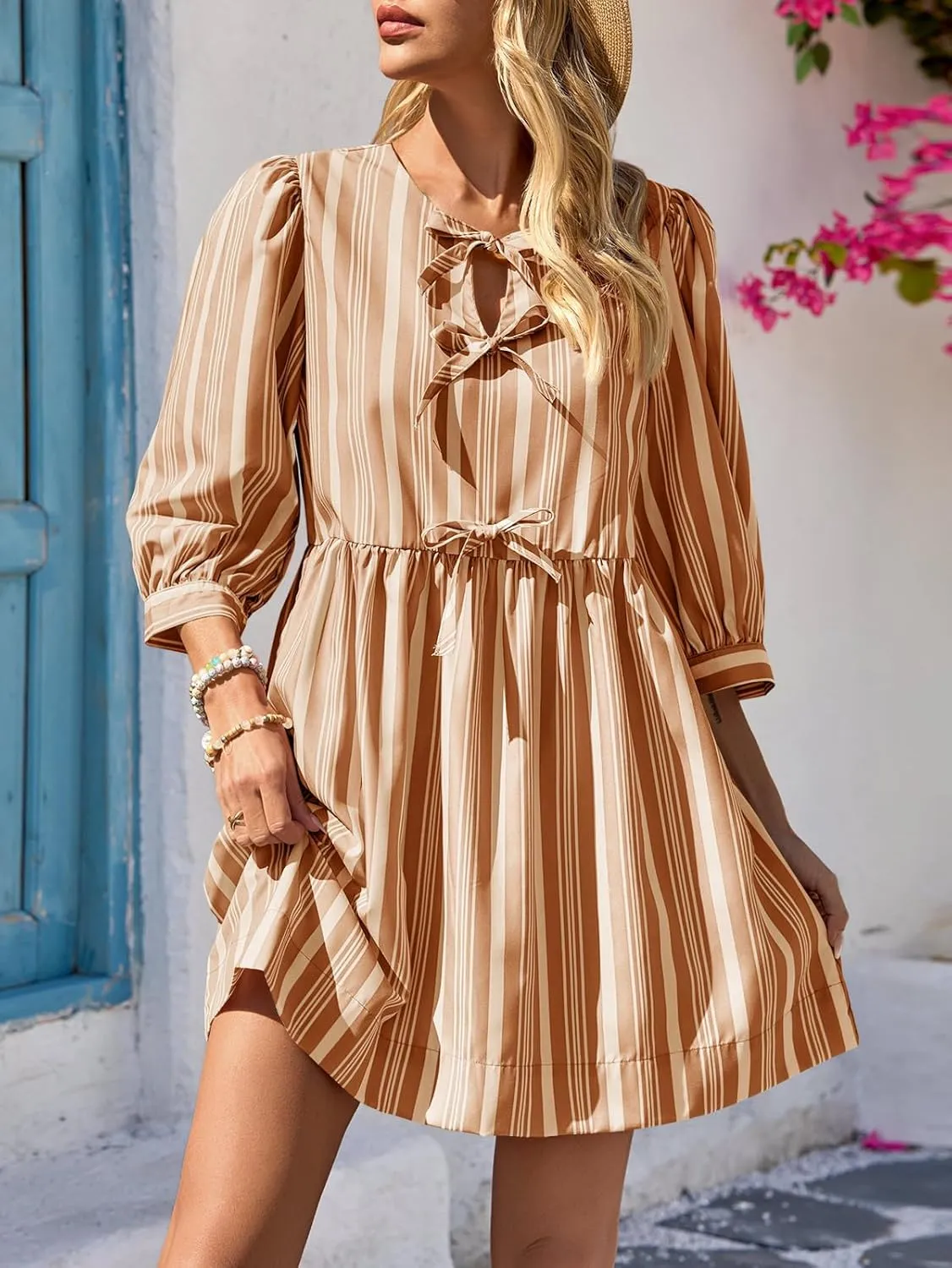 Wenrine Women's Puff Sleeve Mini Dress Summer Casual Bow Tie Crewneck Striped Loose Flowy Beach Dresses