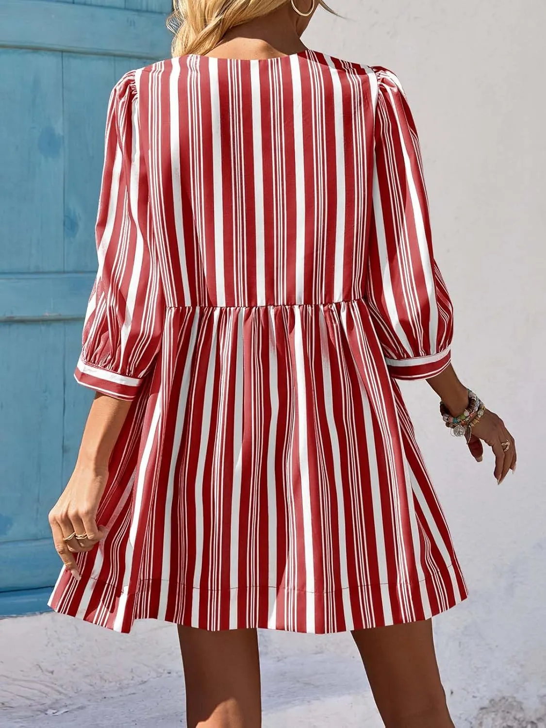 Wenrine Women's Puff Sleeve Mini Dress Summer Casual Bow Tie Crewneck Striped Loose Flowy Beach Dresses