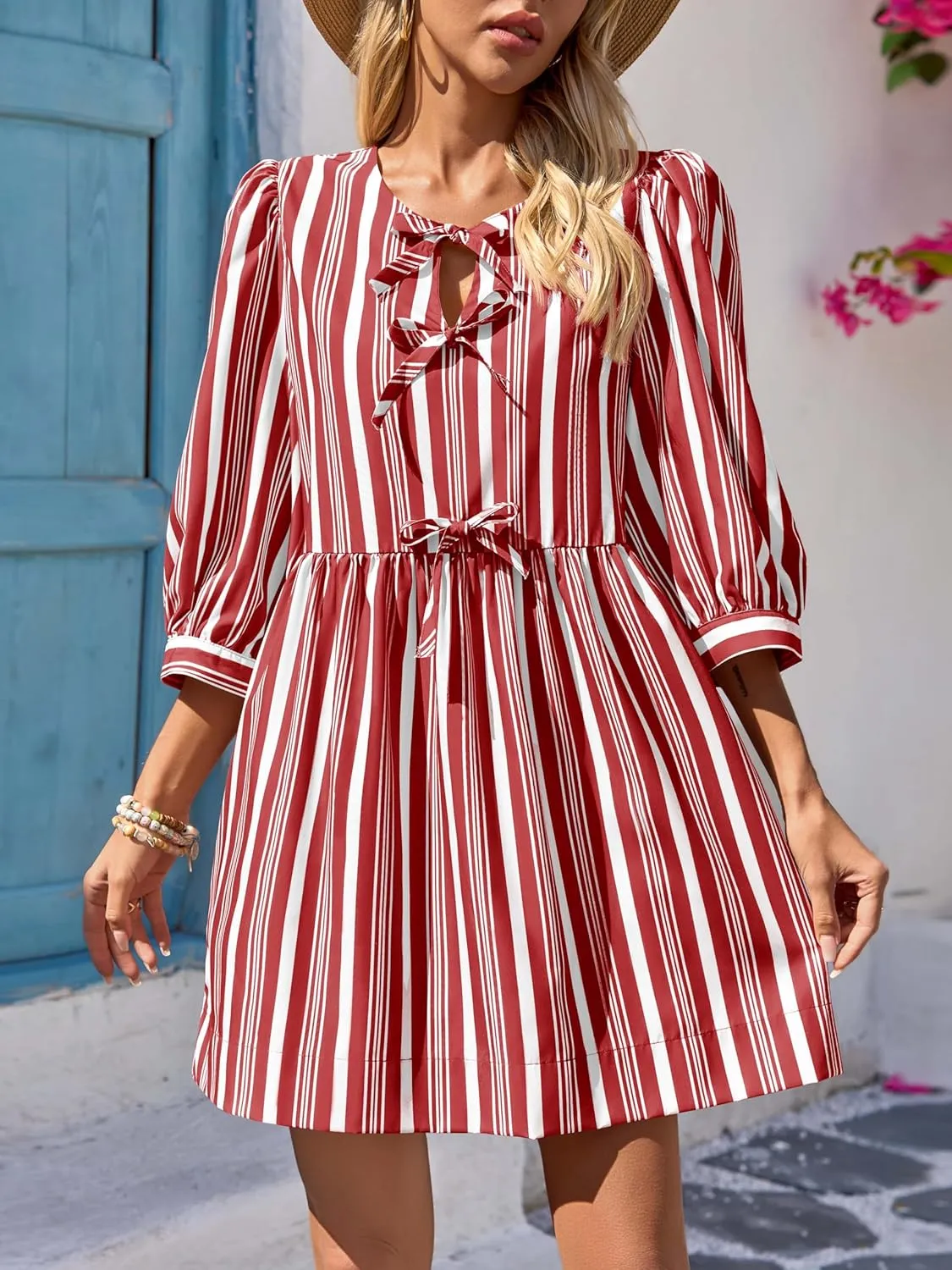 Wenrine Women's Puff Sleeve Mini Dress Summer Casual Bow Tie Crewneck Striped Loose Flowy Beach Dresses