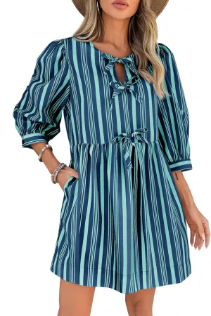 Wenrine Women's Puff Sleeve Mini Dress Summer Casual Bow Tie Crewneck Striped Loose Flowy Beach Dresses