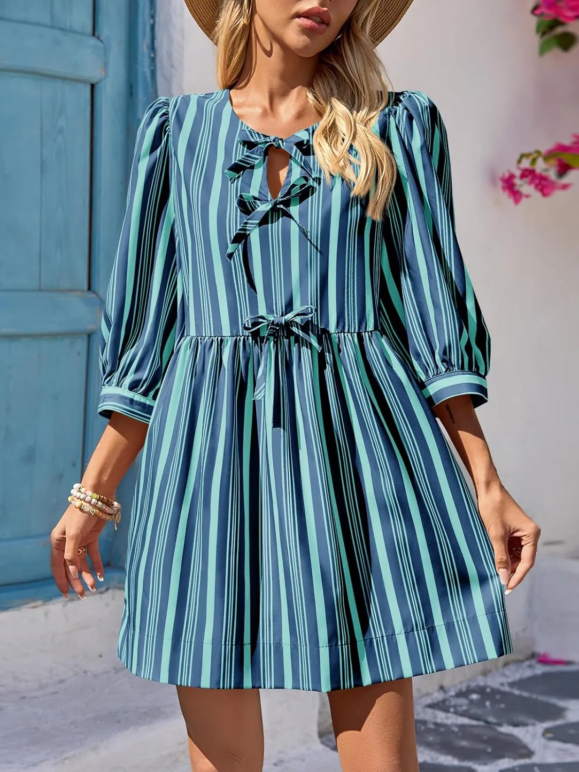 Wenrine Women's Puff Sleeve Mini Dress Summer Casual Bow Tie Crewneck Striped Loose Flowy Beach Dresses