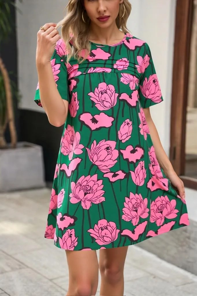 Wenrine Womens Summer Casual Floral Mini Dress Short Sleeve Pleated Front Loose Beach Tunic Dresses with Pockets