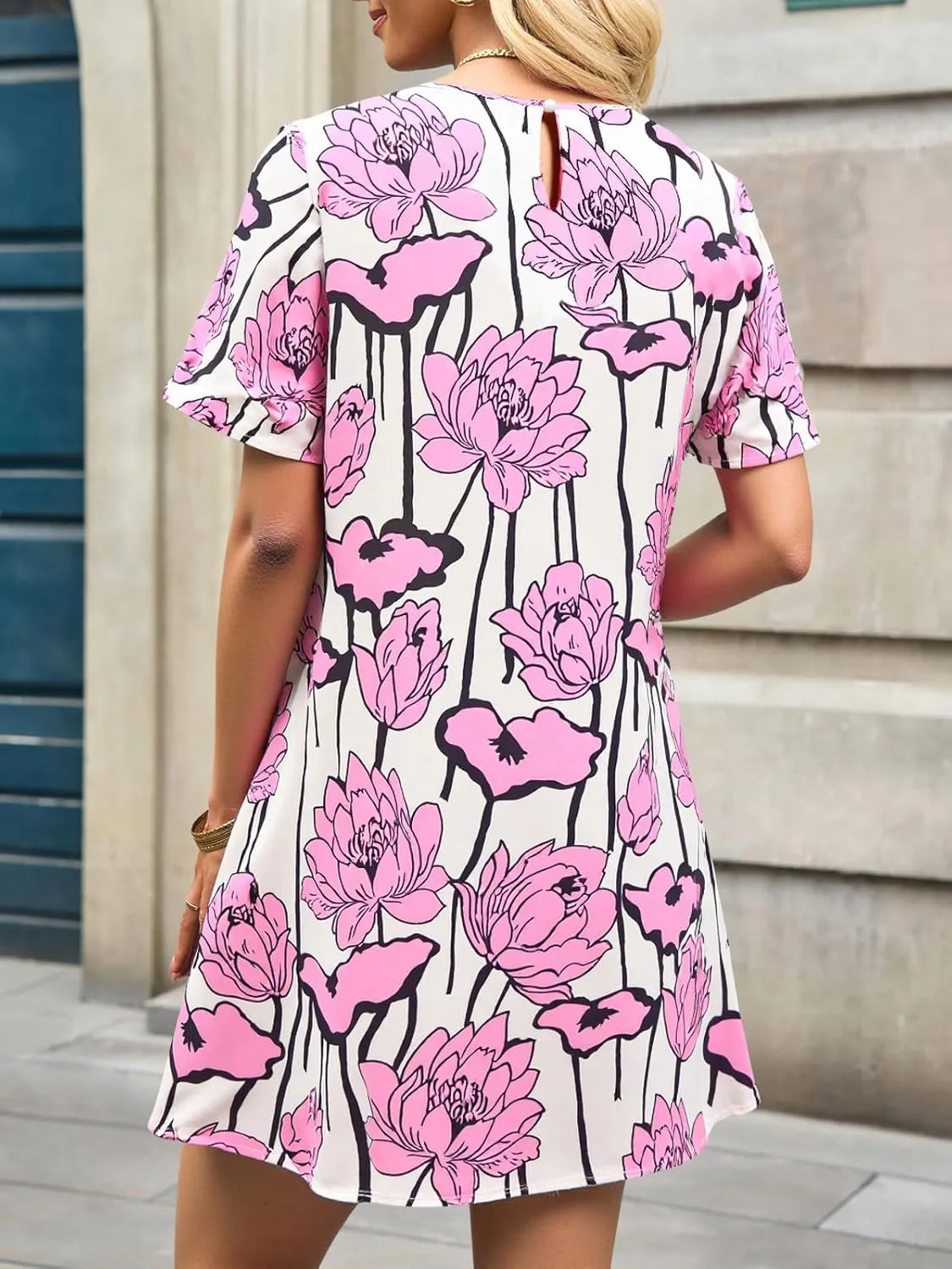 Wenrine Womens Summer Casual Floral Mini Dress Short Sleeve Pleated Front Loose Beach Tunic Dresses with Pockets
