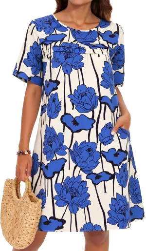 Wenrine Womens Summer Casual Floral Mini Dress Short Sleeve Pleated Front Loose Beach Tunic Dresses with Pockets