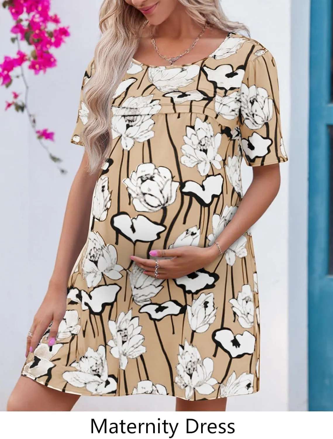 Wenrine Womens Summer Casual Floral Mini Dress Short Sleeve Pleated Front Loose Beach Tunic Dresses with Pockets