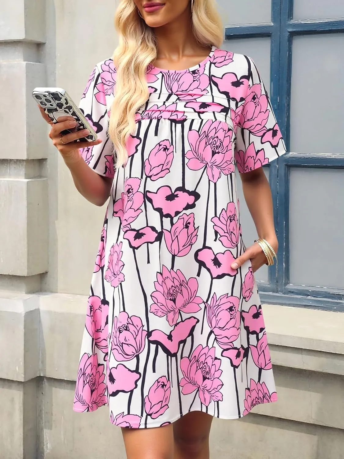 Wenrine Womens Summer Casual Floral Mini Dress Short Sleeve Pleated Front Loose Beach Tunic Dresses with Pockets