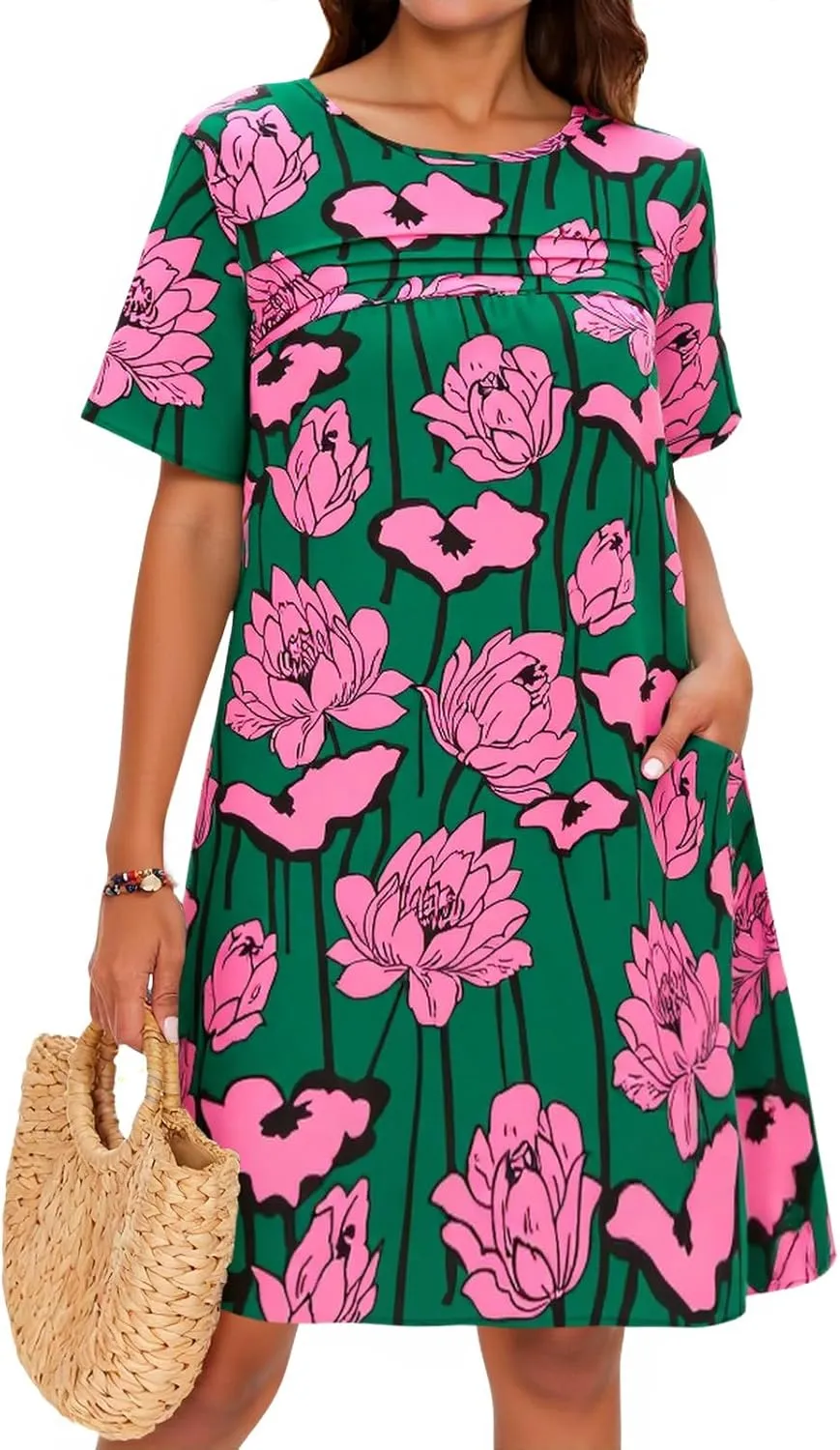Wenrine Womens Summer Casual Floral Mini Dress Short Sleeve Pleated Front Loose Beach Tunic Dresses with Pockets