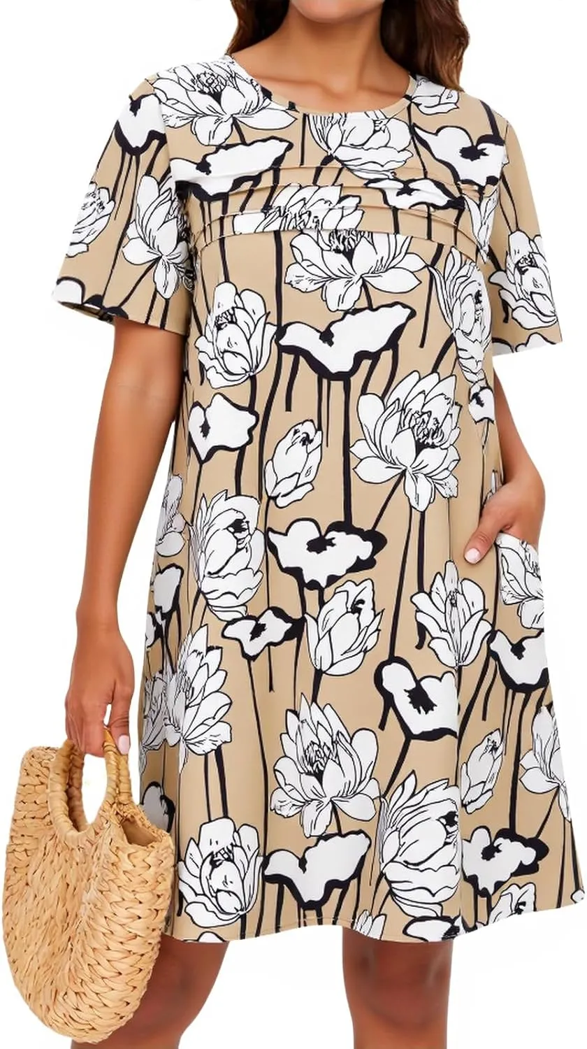 Wenrine Womens Summer Casual Floral Mini Dress Short Sleeve Pleated Front Loose Beach Tunic Dresses with Pockets
