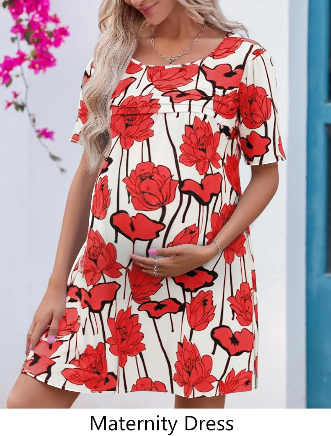 Wenrine Womens Summer Casual Floral Mini Dress Short Sleeve Pleated Front Loose Beach Tunic Dresses with Pockets