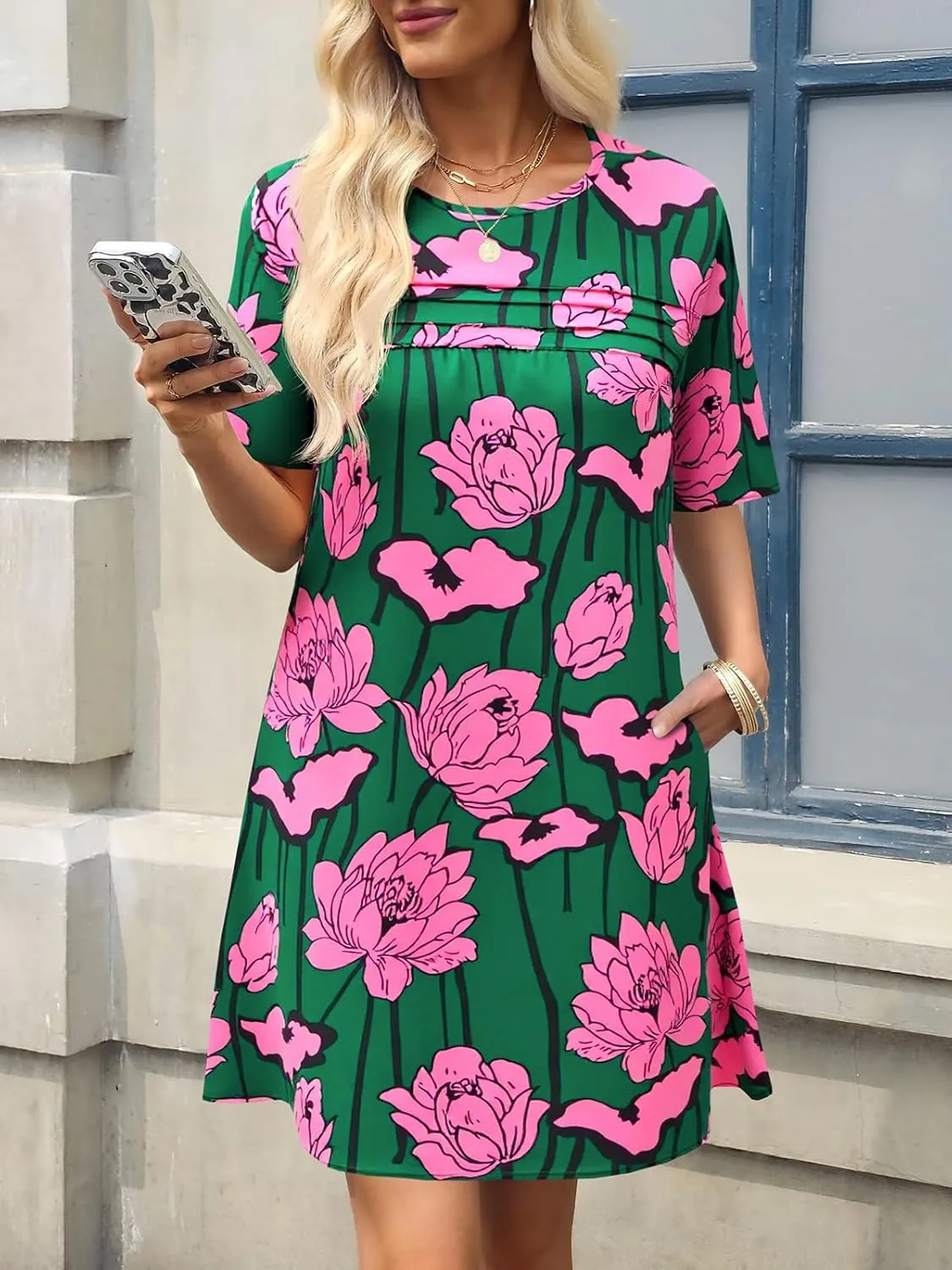Wenrine Womens Summer Casual Floral Mini Dress Short Sleeve Pleated Front Loose Beach Tunic Dresses with Pockets