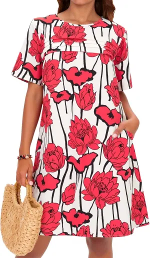 Wenrine Womens Summer Casual Floral Mini Dress Short Sleeve Pleated Front Loose Beach Tunic Dresses with Pockets