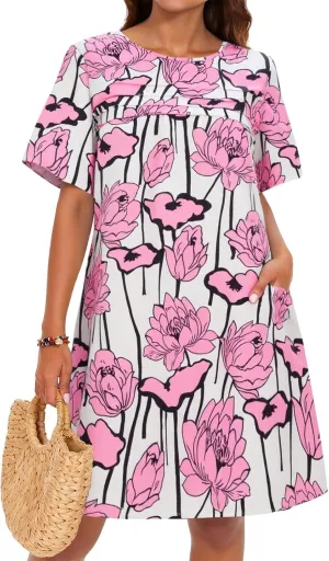 Wenrine Womens Summer Casual Floral Mini Dress Short Sleeve Pleated Front Loose Beach Tunic Dresses with Pockets