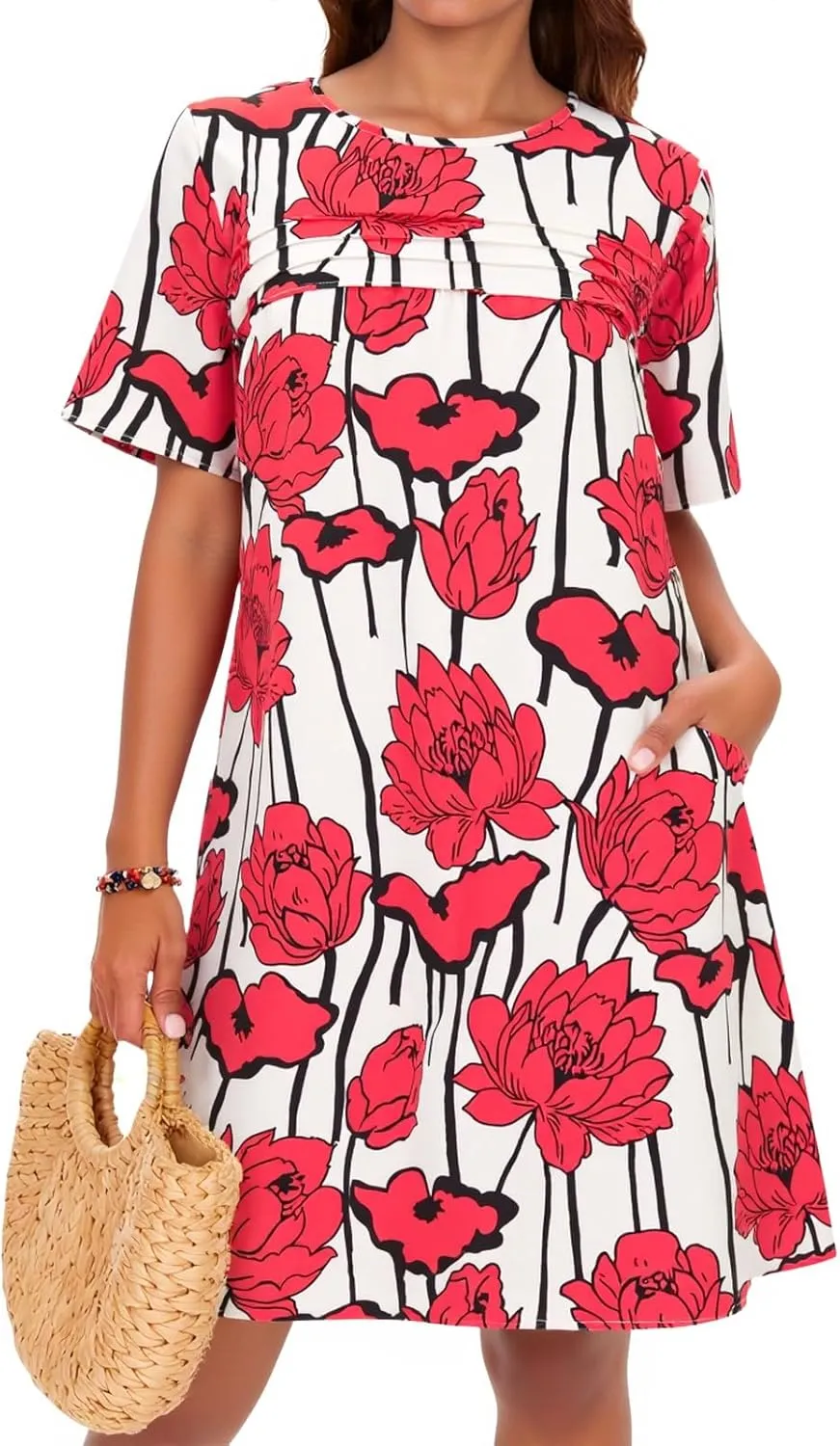 Wenrine Womens Summer Casual Floral Mini Dress Short Sleeve Pleated Front Loose Beach Tunic Dresses with Pockets