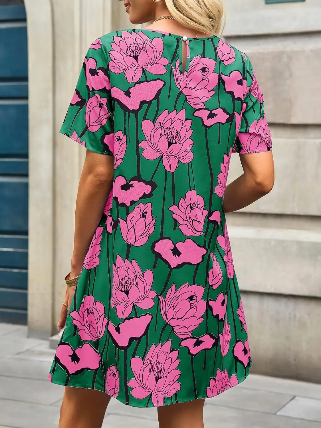 Wenrine Womens Summer Casual Floral Mini Dress Short Sleeve Pleated Front Loose Beach Tunic Dresses with Pockets