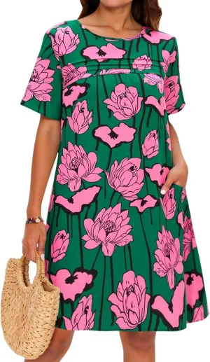 Wenrine Womens Summer Casual Floral Mini Dress Short Sleeve Pleated Front Loose Beach Tunic Dresses with Pockets