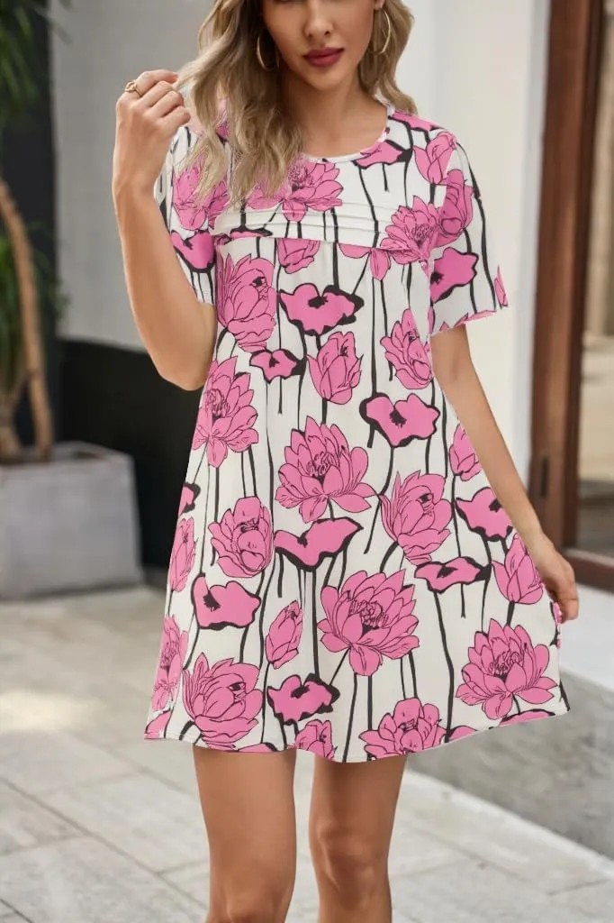 Wenrine Womens Summer Casual Floral Mini Dress Short Sleeve Pleated Front Loose Beach Tunic Dresses with Pockets