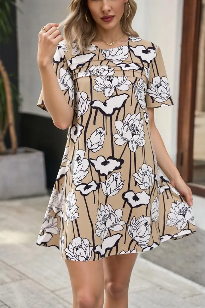 Wenrine Womens Summer Casual Floral Mini Dress Short Sleeve Pleated Front Loose Beach Tunic Dresses with Pockets
